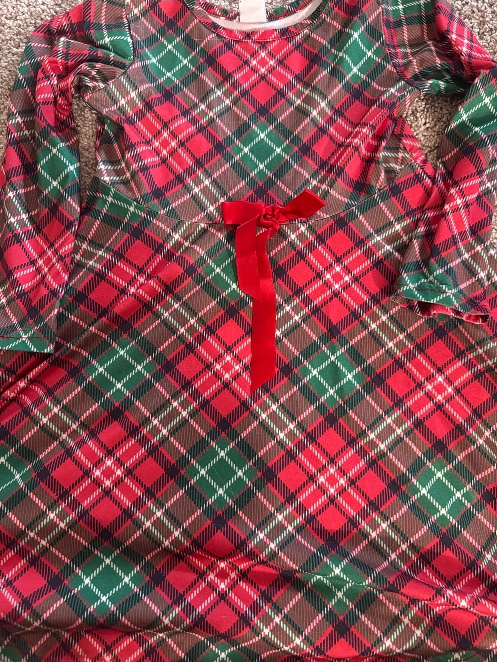 Source Unknown Red and Green Plaid Long-Sleeve Kids Dress with Bow